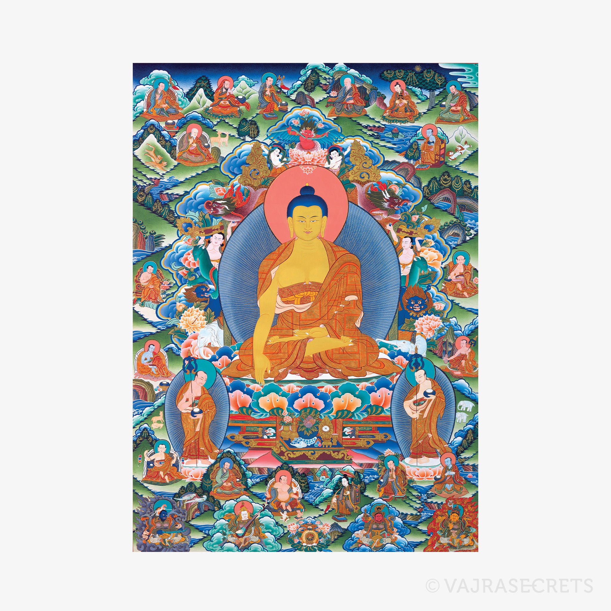 Shakyamuni Buddha and 16 Arhats Thangka Print – Vajrasecrets