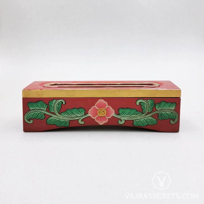 Tibetan Wooden Incense Burner with Pink & Green Floral Motif (Small)