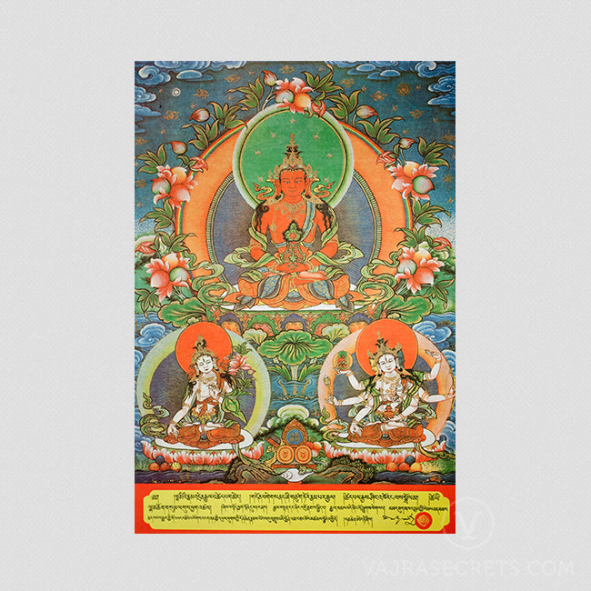 Tsel Lha Nam Sum (Long Life Buddhas) Thangka Print