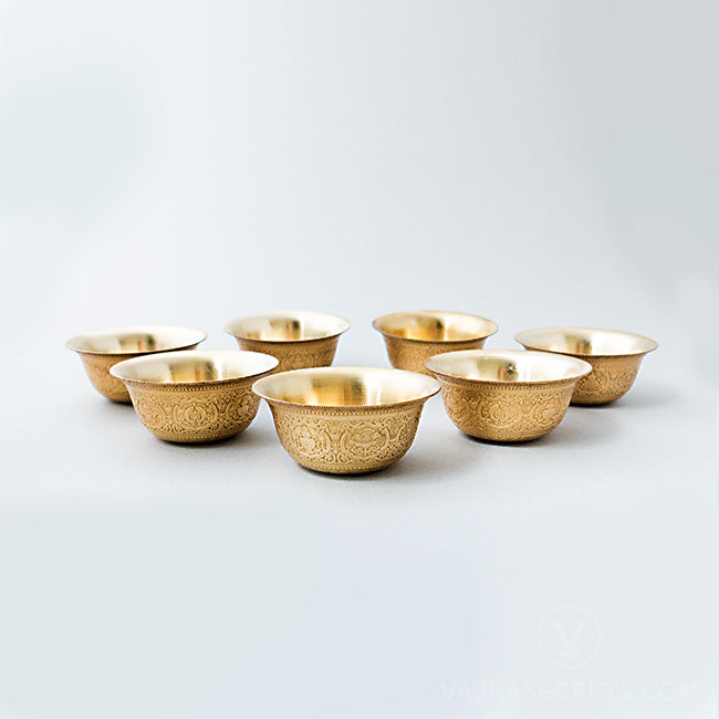 Carved Brass Offering Bowls, 4 inch (Set of 7)