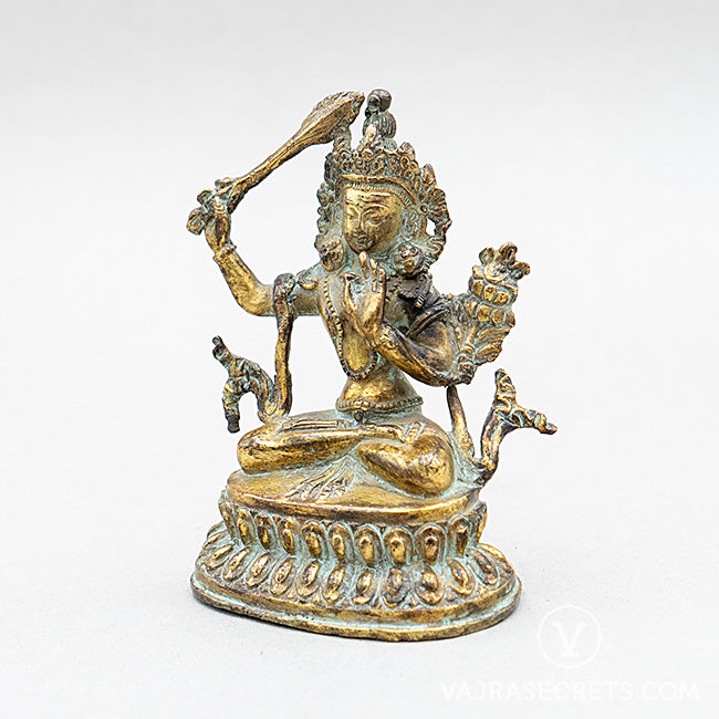 Manjushri Antique Gold Copper Statue, 4 inch