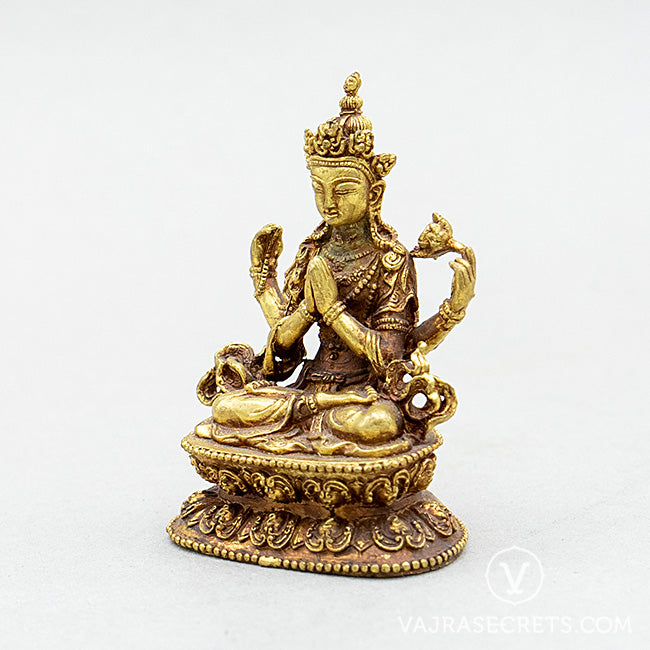 Chenrezig (Four-Armed) Brass Statue with Gold Finish, 3 inch