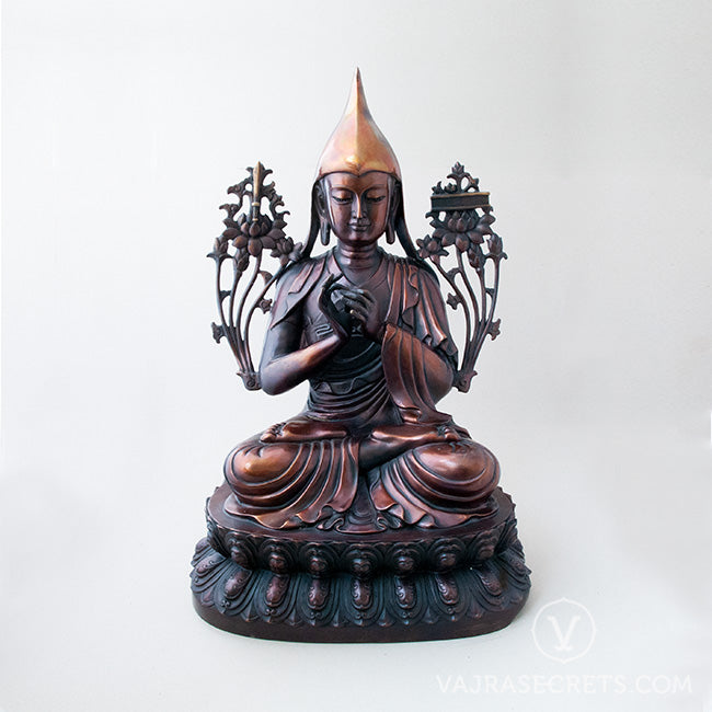 Lama Tsongkhapa Brass Statue with Oxidised Finish, 20 inch