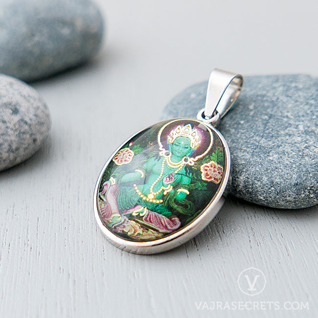 Green Tara Glass Dome Pendant