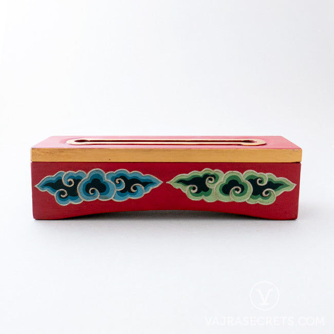 Tibetan Wooden Incense Burner with Red & Gold Floral Motif (Small)