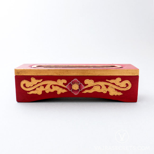 Tibetan Wooden Incense Burner with Red & Gold Floral Motif (Small)