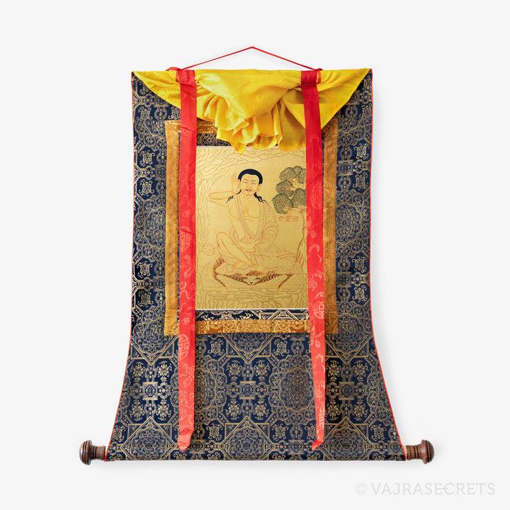 Blessed Milarepa Handpainted Thangka with Brocade