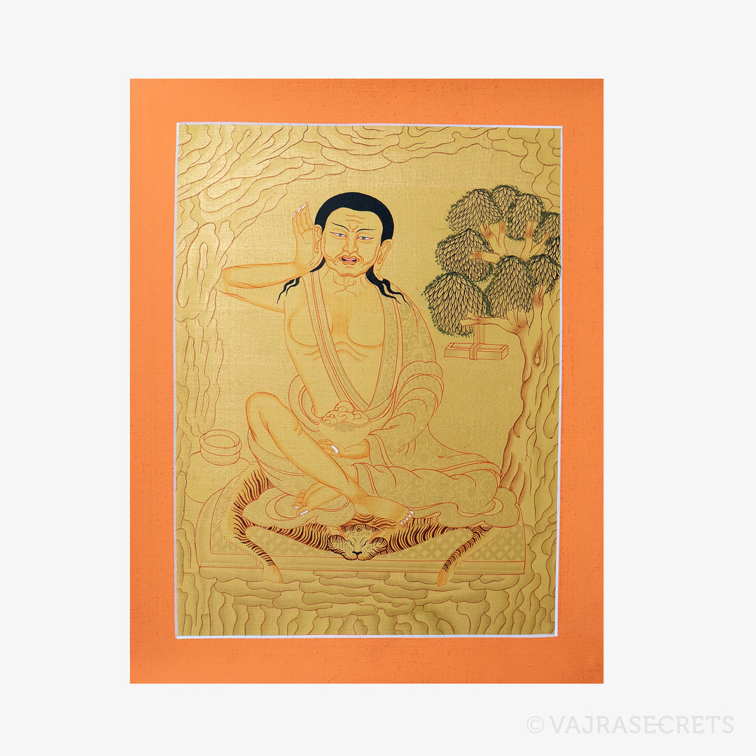 Blessed Milarepa Handpainted Thangka with Brocade