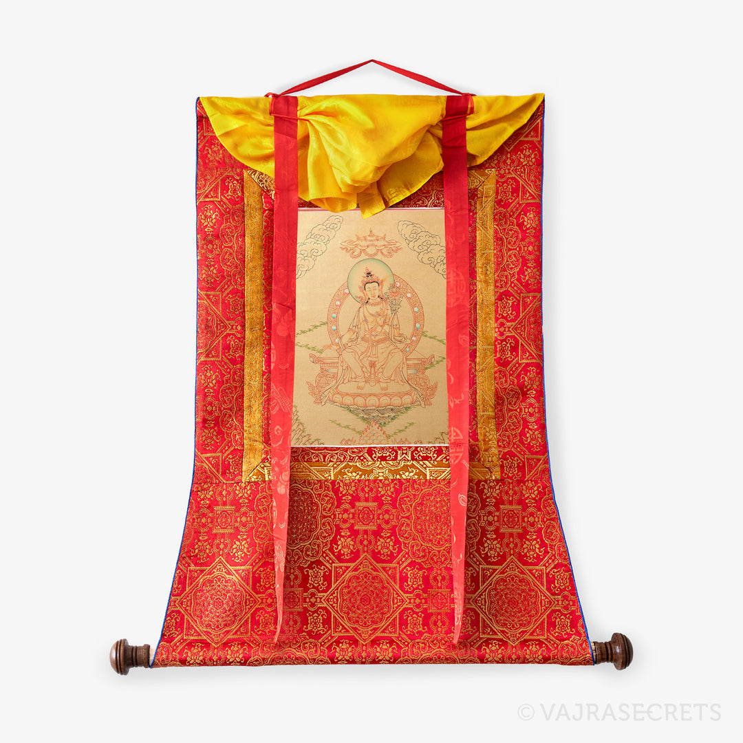 Blessed Maitreya Handpainted Thangka with Brocade