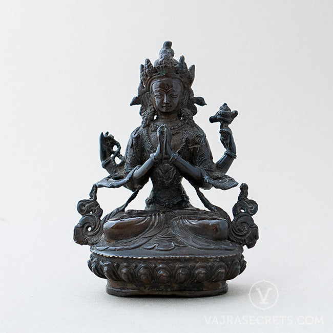 Chenrezig (4-armed) Copper Statue with Oxidised Finish, 6 inch