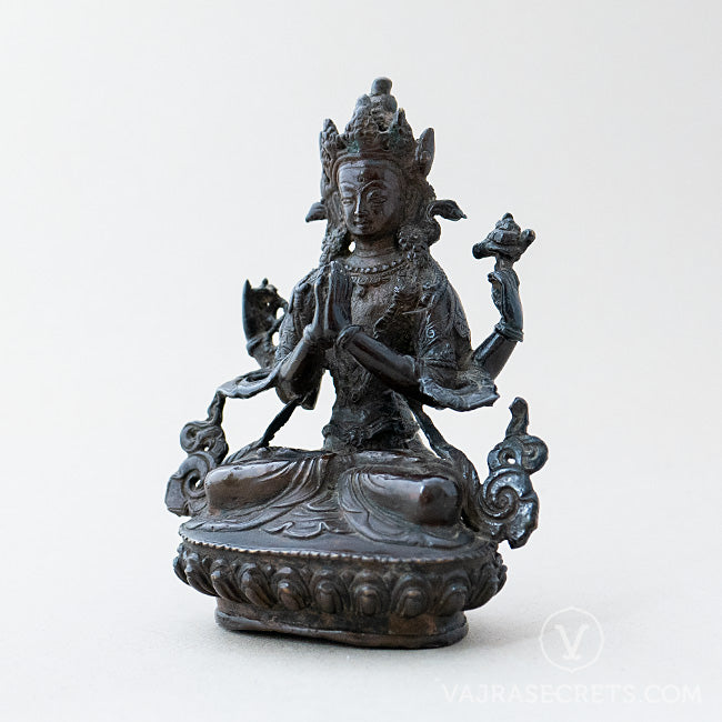 Chenrezig (4-armed) Copper Statue with Oxidised Finish, 6 inch