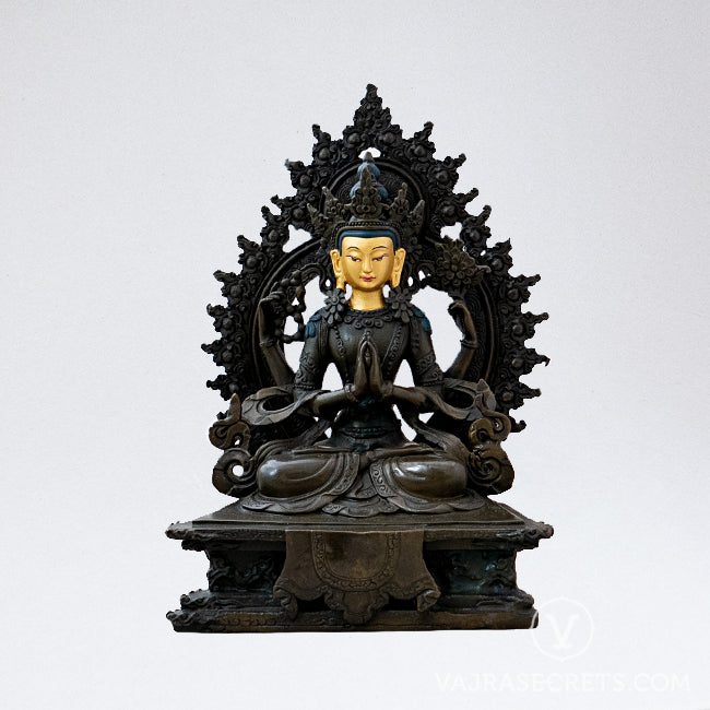 Chenrezig (Four-Armed) Brass Statue with Oxidised Finish, 7.5 inch