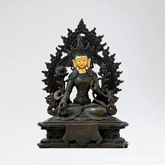 White Tara Brass Statue with Oxidised Finish & Gold Face, 7.5 inch
