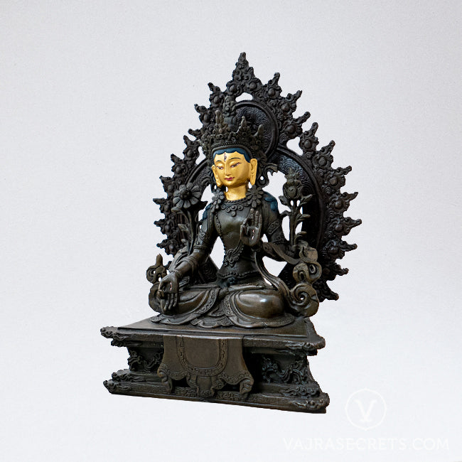 White Tara Brass Statue with Oxidised Finish & Gold Face, 7.5 inch