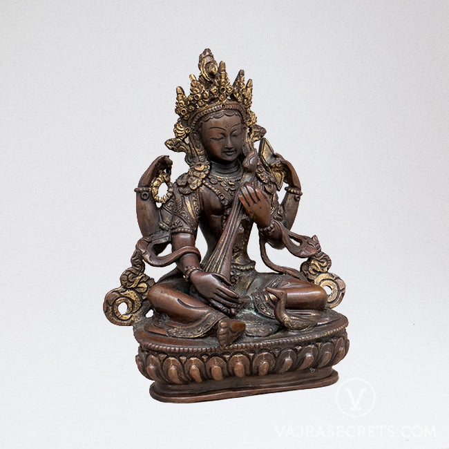 Saraswati (Four-Armed) Copper Statue, 6 inch