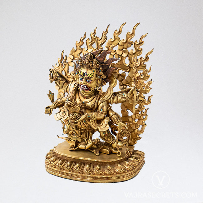Six-Armed Mahakala Gold Statue, 12 inch