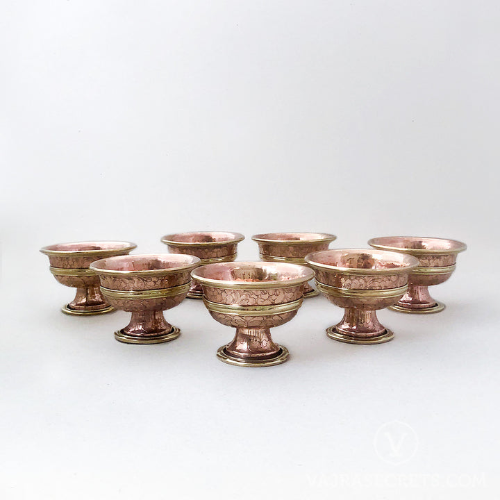 Brass-Trimmed Polished Copper Carved Offering Bowls, 3 inch (Set of 7)