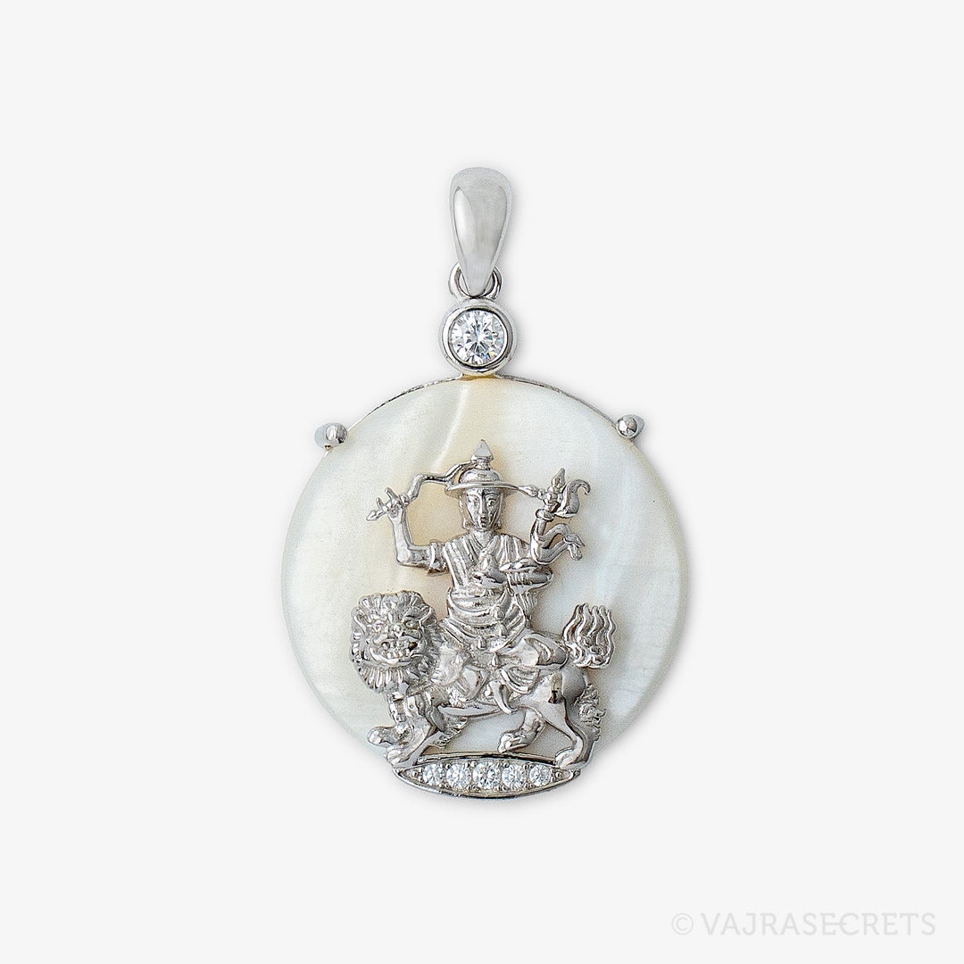 Dorje Shugden Mother of Pearl Round Pendant with Cubic Zirconia