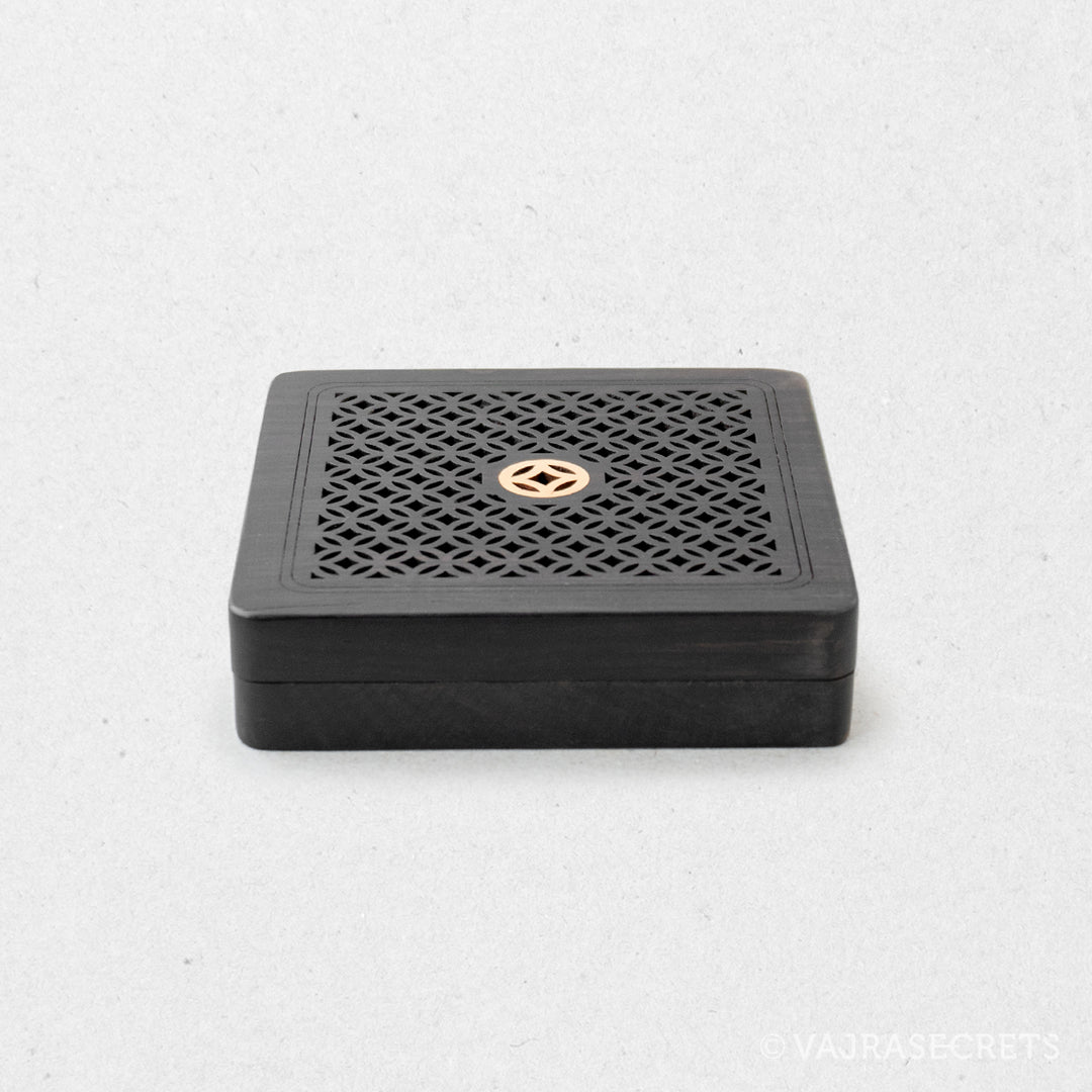 Wooden Square Incense Burner with Coin Motif