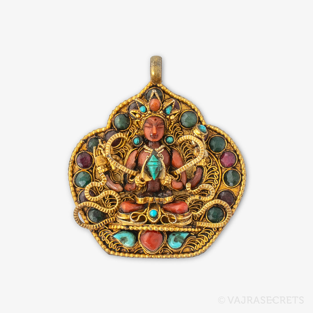 Chenrezig (Four-Armed) Filigree & Gemstone Pendant