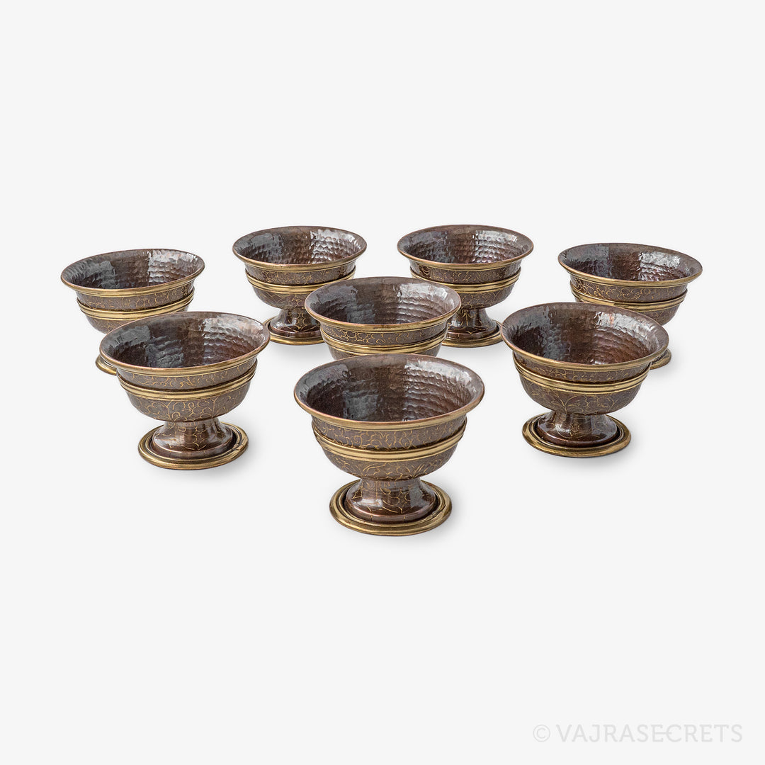 Brass-Trimmed Carved Copper Offering Bowls, 3 inch (Set of 8)