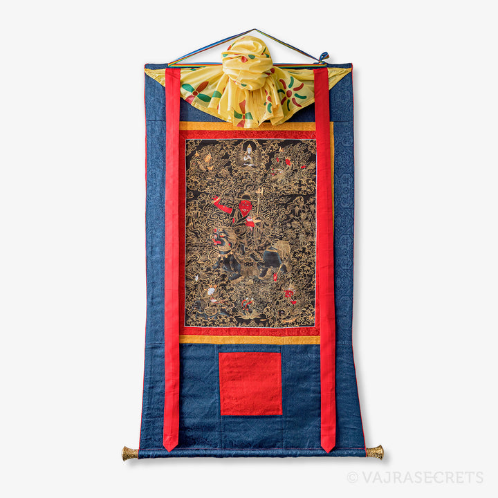 Blessed Dorje Shugden Nathang (Black Thangka) with Brocade