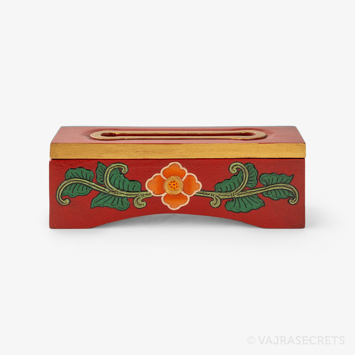 Tibetan Wooden Incense Burner with Pink & Green Floral Motif (Extra Small)