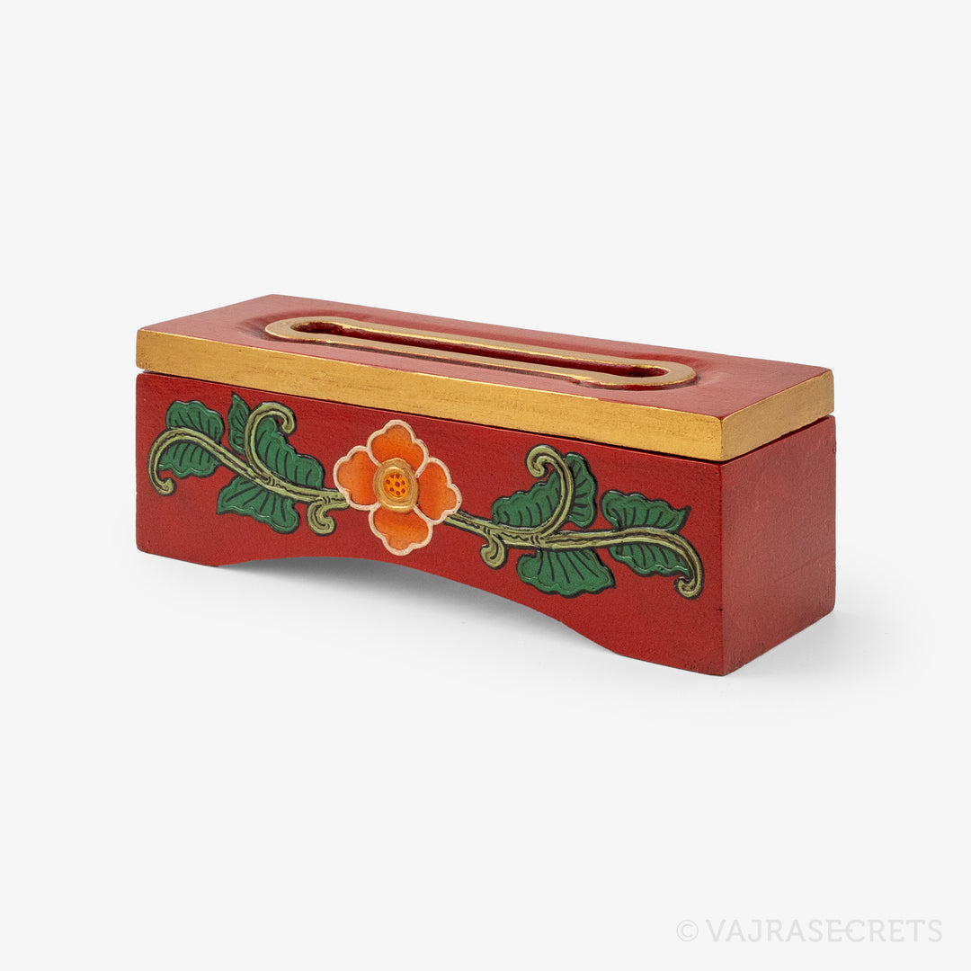 Tibetan Wooden Incense Burner with Pink & Green Floral Motif (Extra Small)