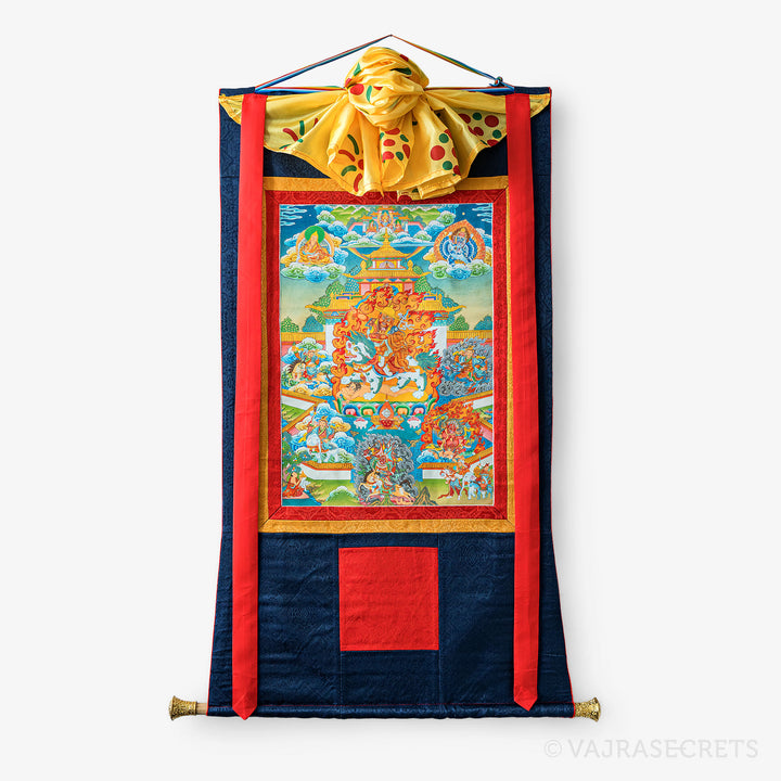 Blessed Dorje Shugden's Five Families Thangka with Brocade, 24 x 51 inch