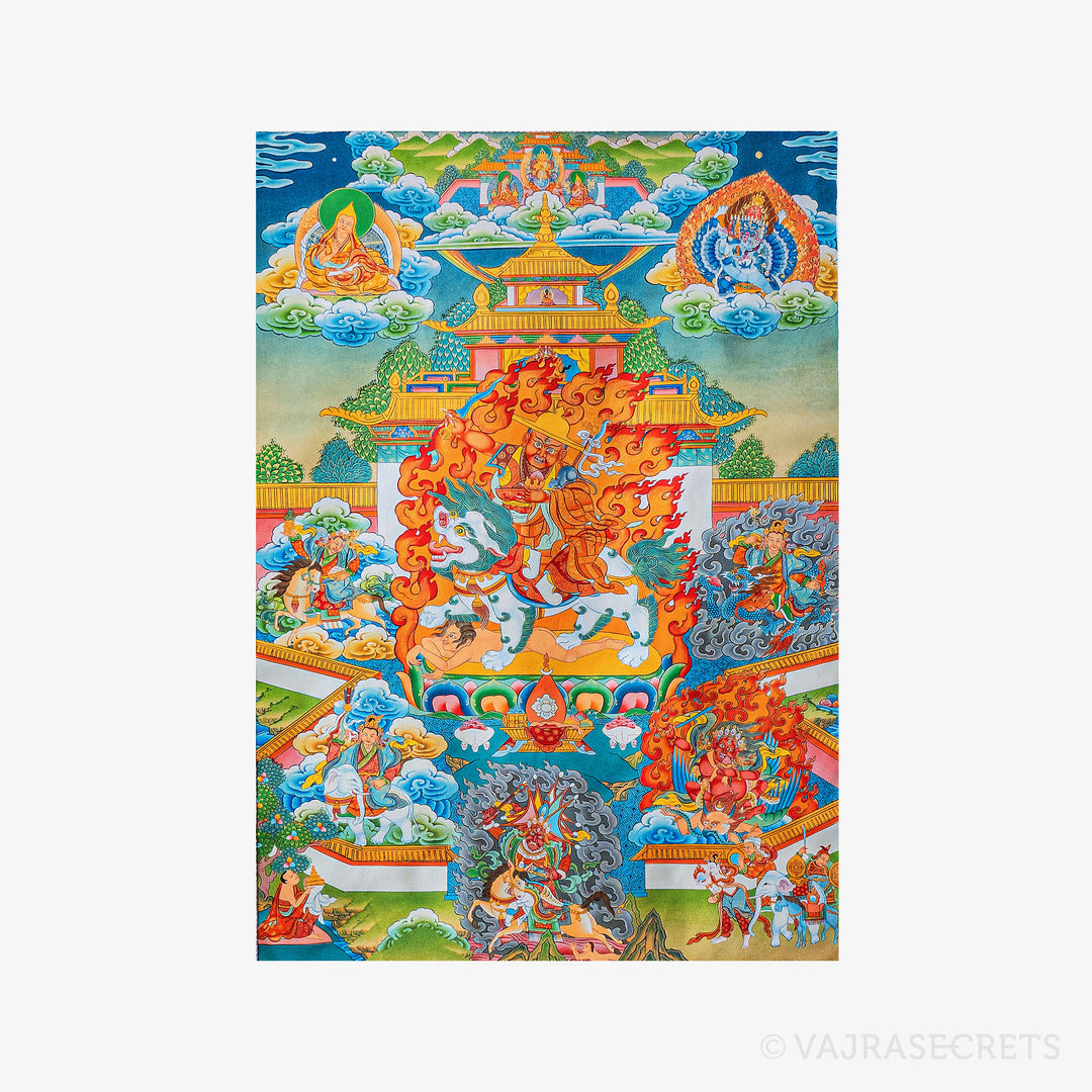 Blessed Dorje Shugden's Five Families Thangka with Brocade, 24 x 51 inch