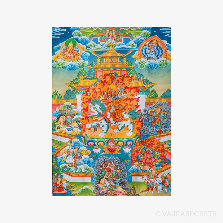 Blessed Dorje Shugden's Five Families Thangka with Brocade, 24 x 51 inch
