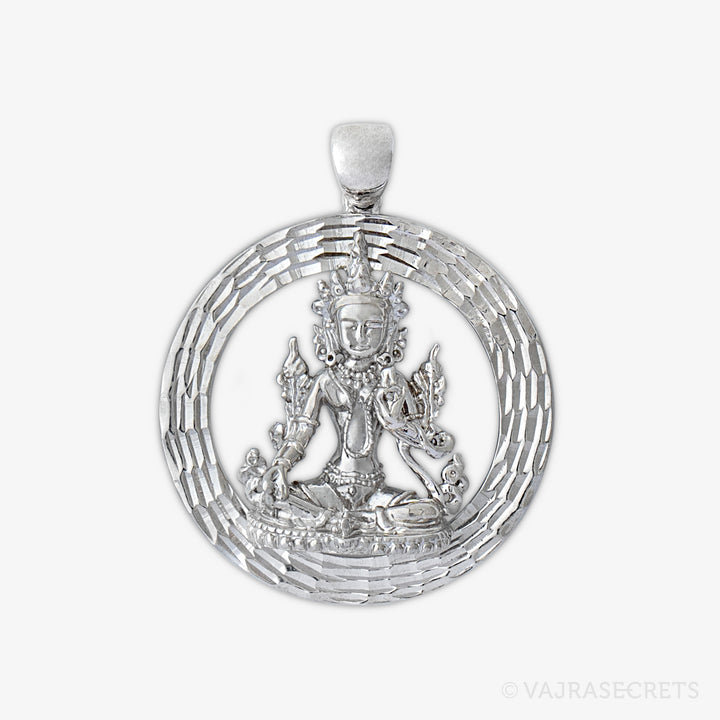 Green Tara Emptiness Round Pendant with Diamond Cut Finish