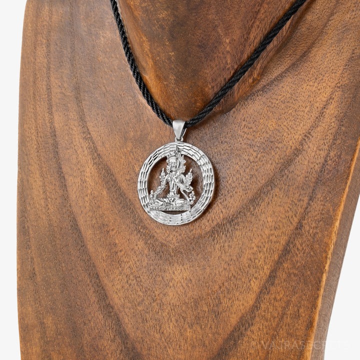 Green Tara Emptiness Round Pendant with Diamond Cut Finish