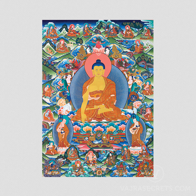 Shakyamuni Buddha and 16 Arhats Thangka Print